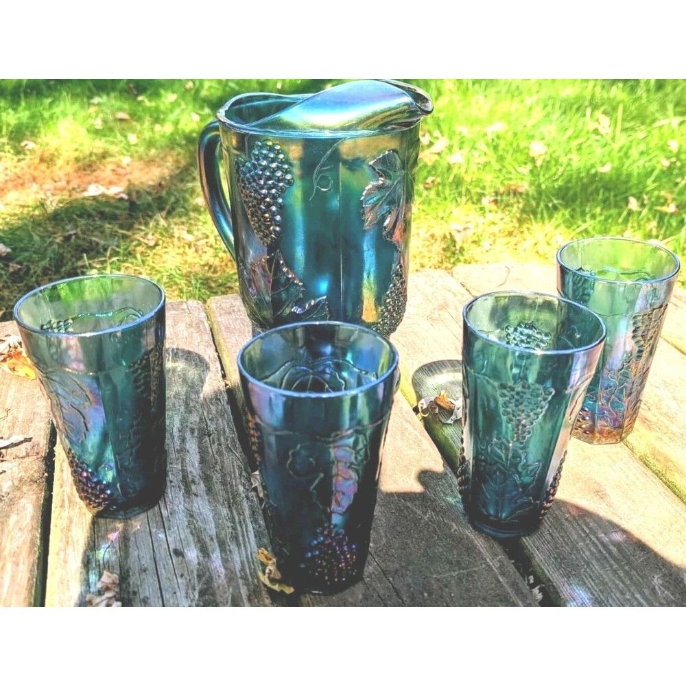 Vintage Indiana Glass Blue Harvest Grapes Carnival Glass Pitcher With 4 Glasses